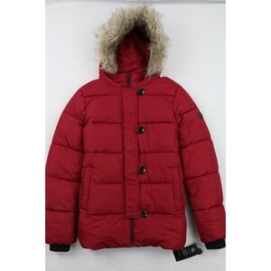 Lauren Ralph Lauren Womens Red Hooded Puffer Jacket Faux Fur Trim Sz L 260$